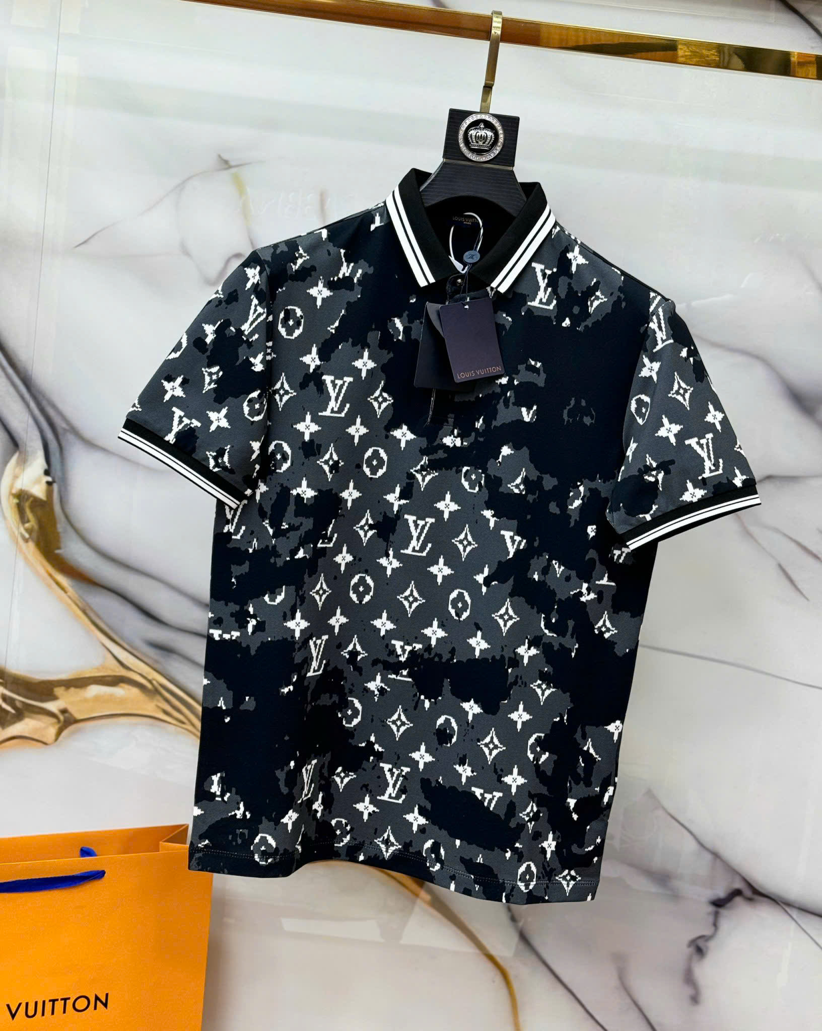 Áo polo Louis Vuitton LV Đen loang Xám họa tiết hoa vân logo LV Trắng Like Auth 1-1 on web CD MK